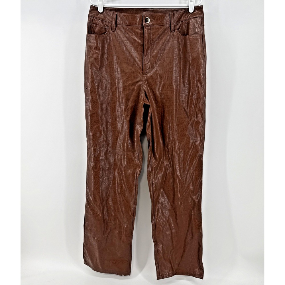 INC Womens 12 Faux Leather Croc Embossed Brown Straight Leg French Cafe Pants